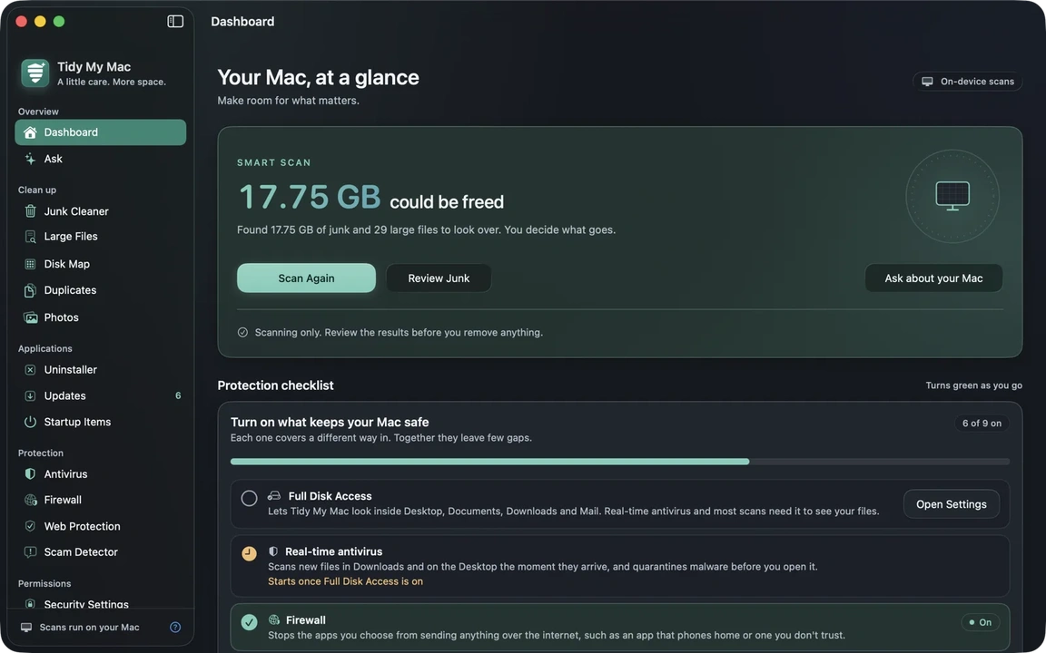 Tidy My Mac: Maxfiylikni birinchi o‘ringa qo‘yadigan tozalovchi va antivirus bir ilovada